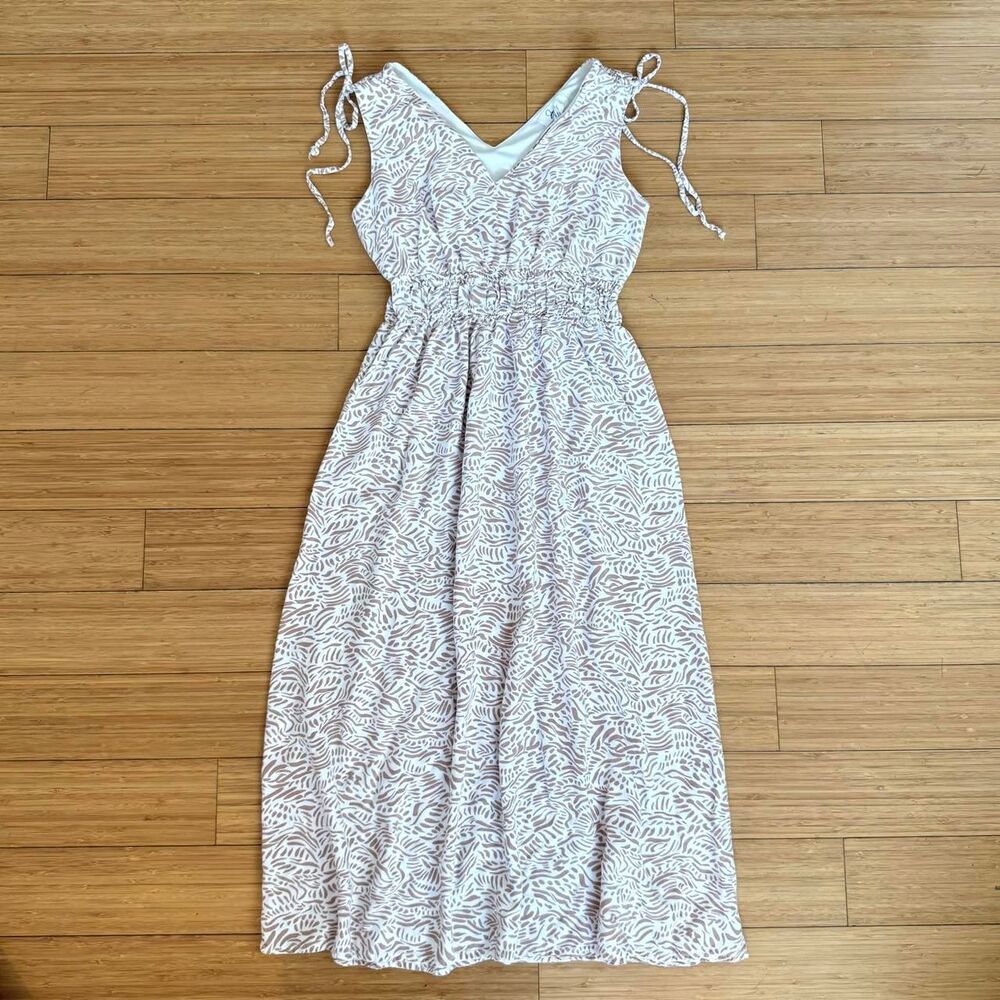Japna 100% Rayon Dress S White Brown Abstract Print Tie Shoulder Boho
